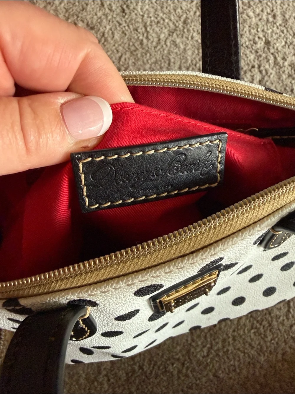 Dooney & Bourke White Polka Dot Satchel with Black Trim